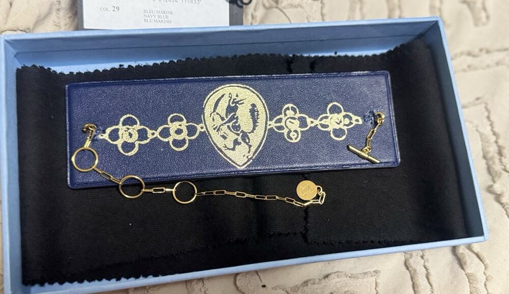 LANVIN Navy Lamb Leather Brass Statement Bracelet NWT $600 MSRP Rare